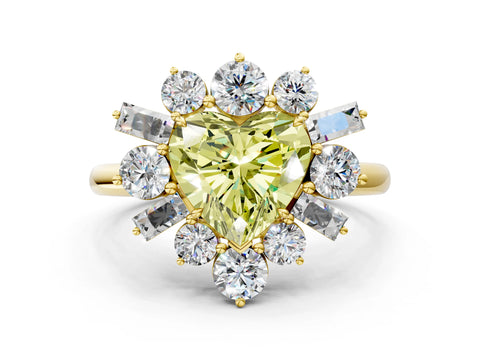 Yellow gold Fancy Yellow Heart Cut Diamond Cluster Ring with Round and Baguette Stones, Split Shank Band, Prong Setting