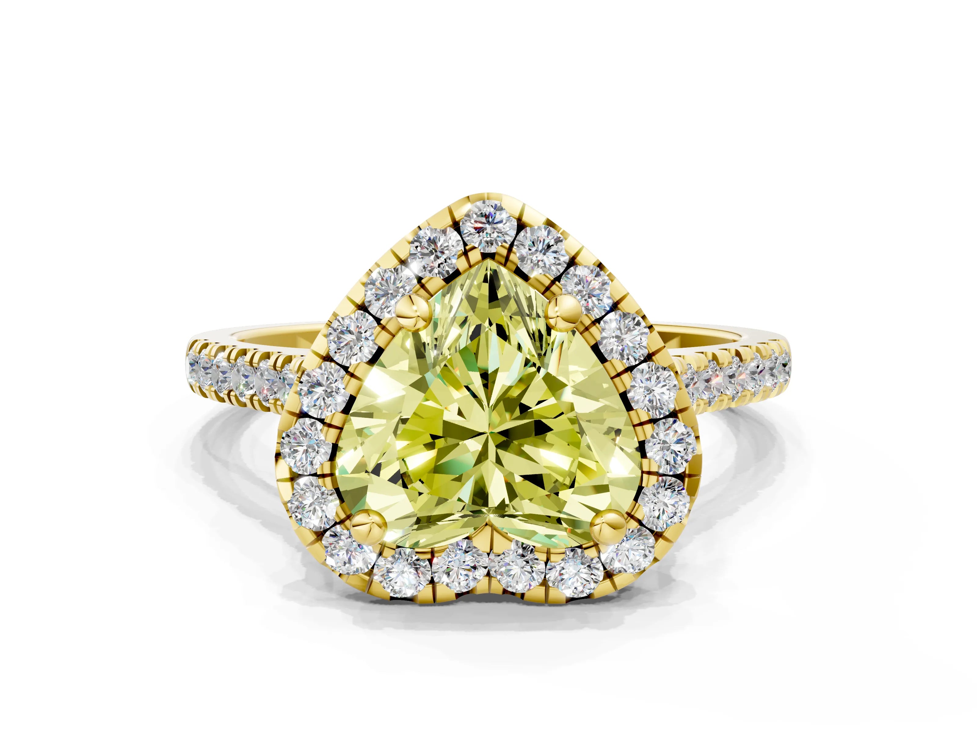 Yellow gold Fancy Yellow Heart Cut Diamond Cushion Halo Ring with Pavé Band