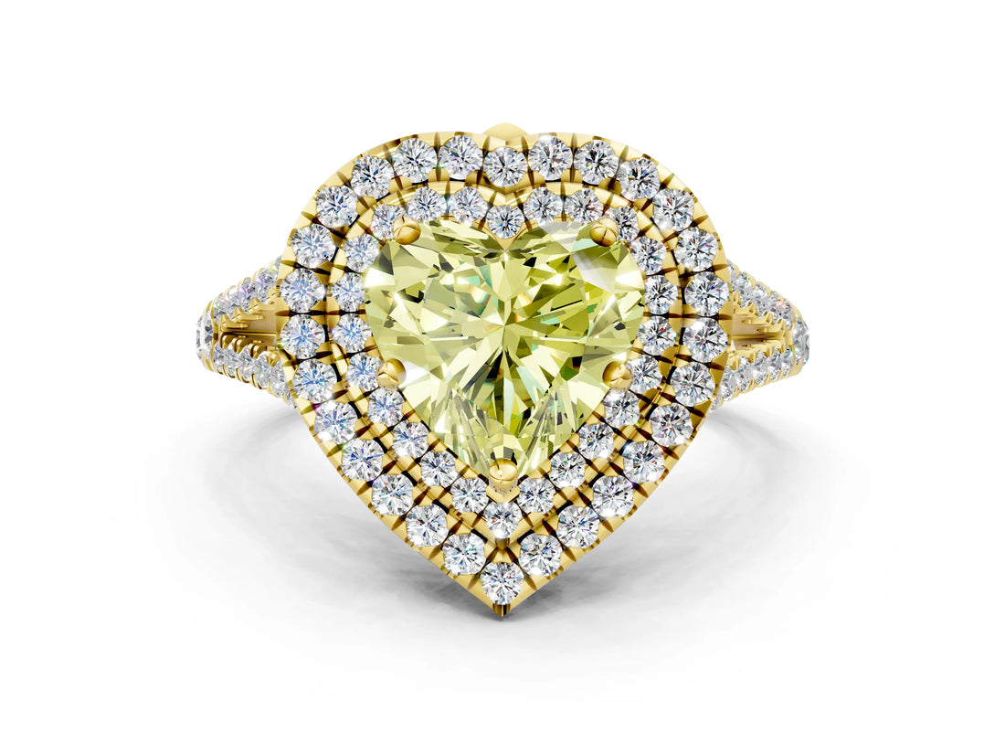 Yellow gold Fancy Yellow Heart Cut Diamond Double Halo Ring with Pavé Band and Prong Setting_76