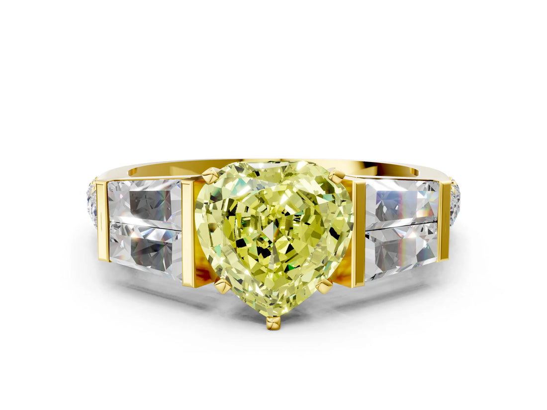 Yellow gold Fancy Yellow Heart Cut Diamond Engagement Ring with Baguette Side Stones and Channel Set Band_20