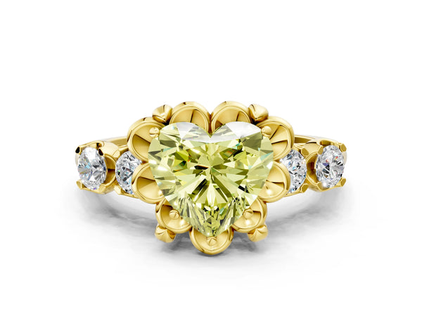 Yellow gold Fancy Yellow Heart  Cut Diamond Floral Halo Engagement Ring with Shared Prong Setting