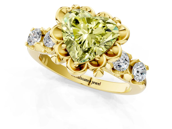 Yellow gold Fancy Yellow Heart  Cut Diamond Floral Halo Engagement Ring with Shared Prong Setting