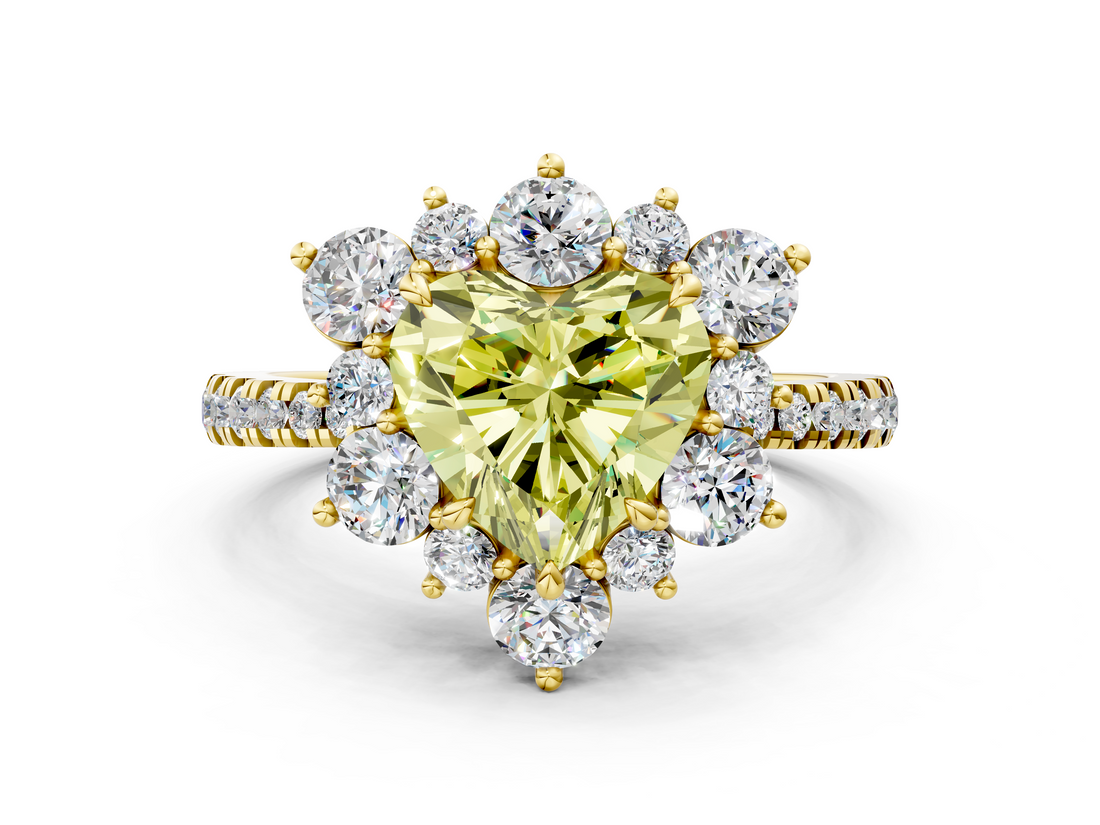 Yellow gold Fancy Yellow Heart  Cut Diamond Floral Halo Pave Band with Prong Setting_36