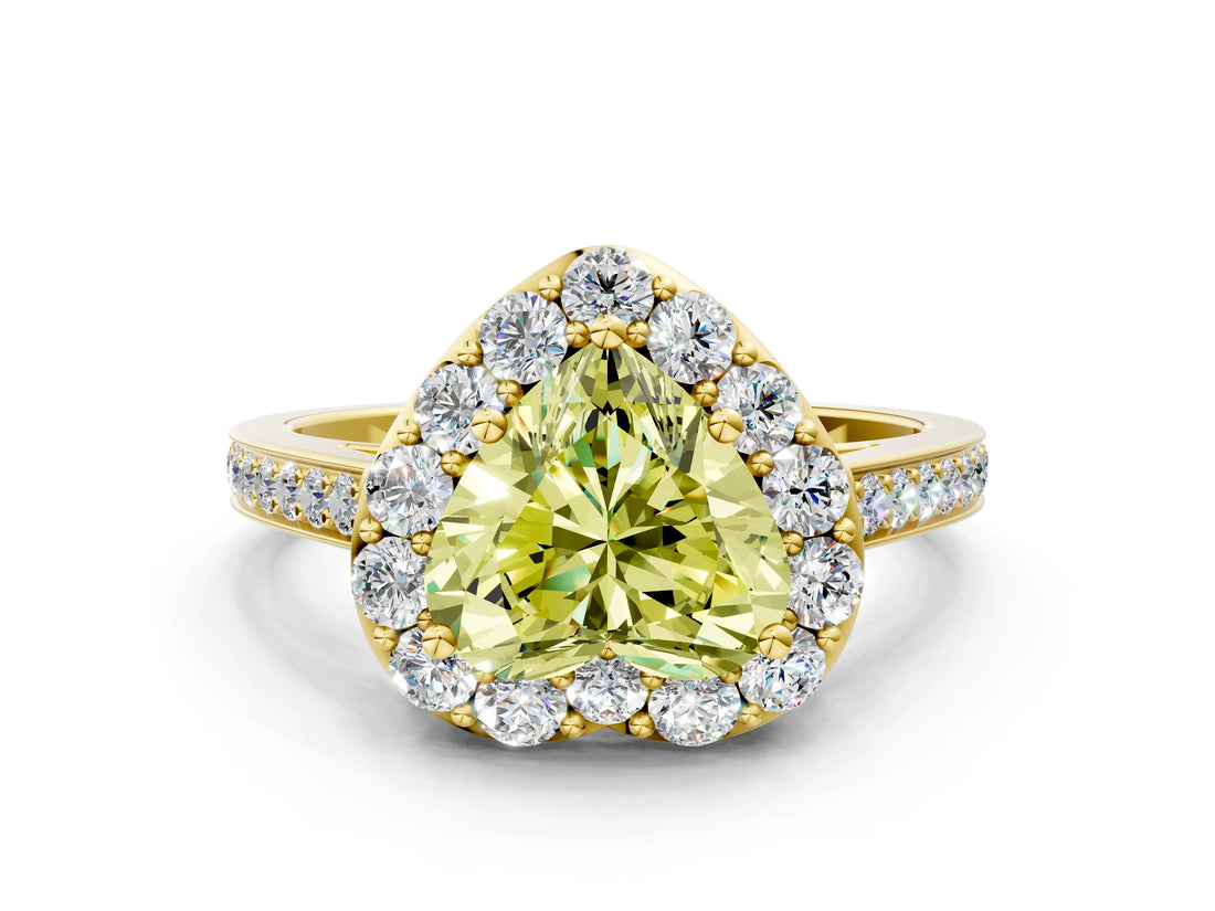 Yellow gold Fancy Yellow Heart Cut Diamond Floral Halo Ring with Pavé Band and Prong Setting_3