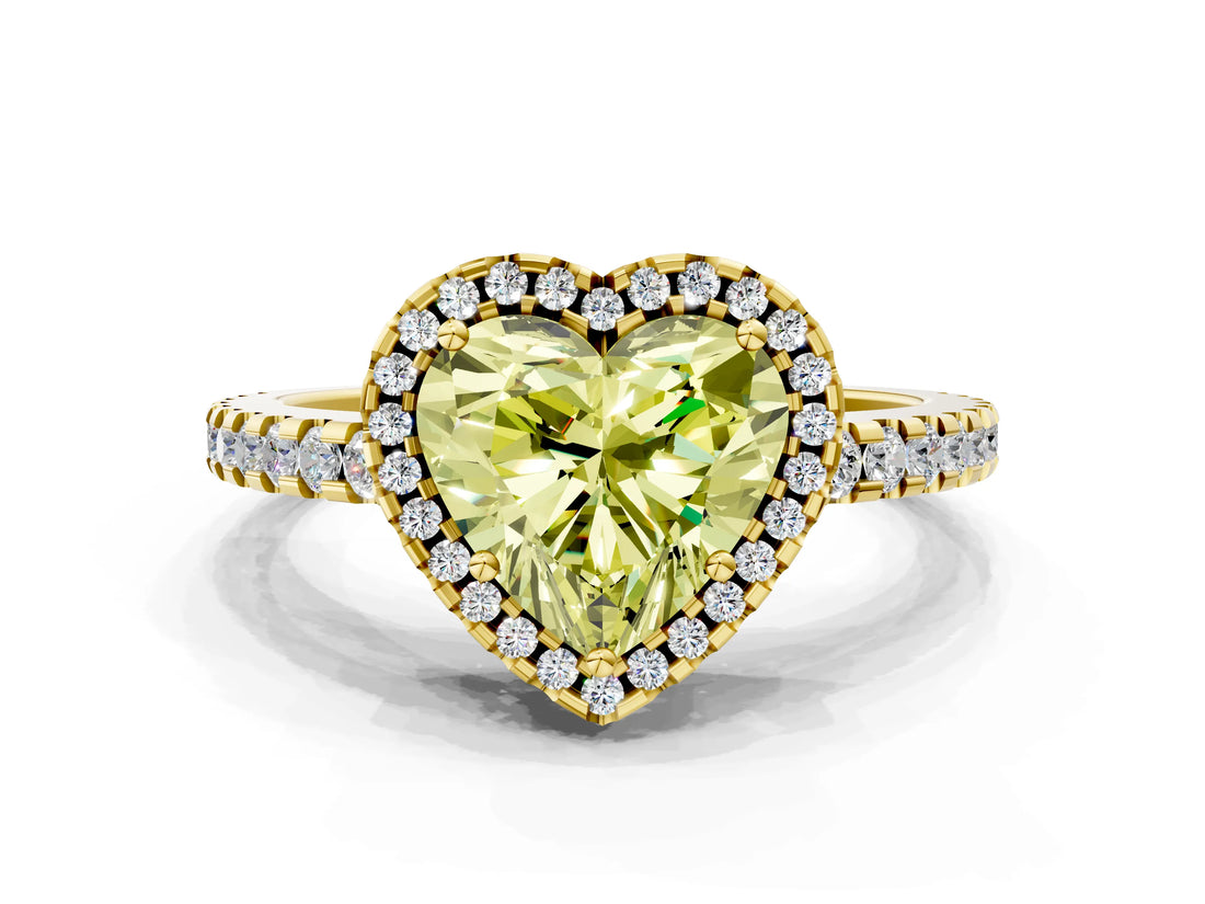 Yellow gold Fancy Yellow Heart Cut Diamond Halo Engagement Ring with Pavé Band and Prong Setting_27