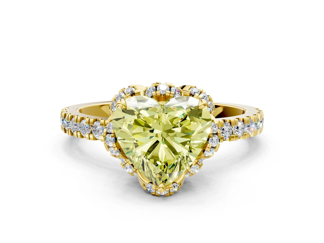 Yellow gold Fancy Yellow Heart Cut Diamond Halo Pave Band with Four-Prong Setting_3