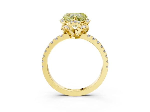 Yellow gold Fancy Yellow Heart Cut Diamond Halo Pave Band with Four-Prong Setting