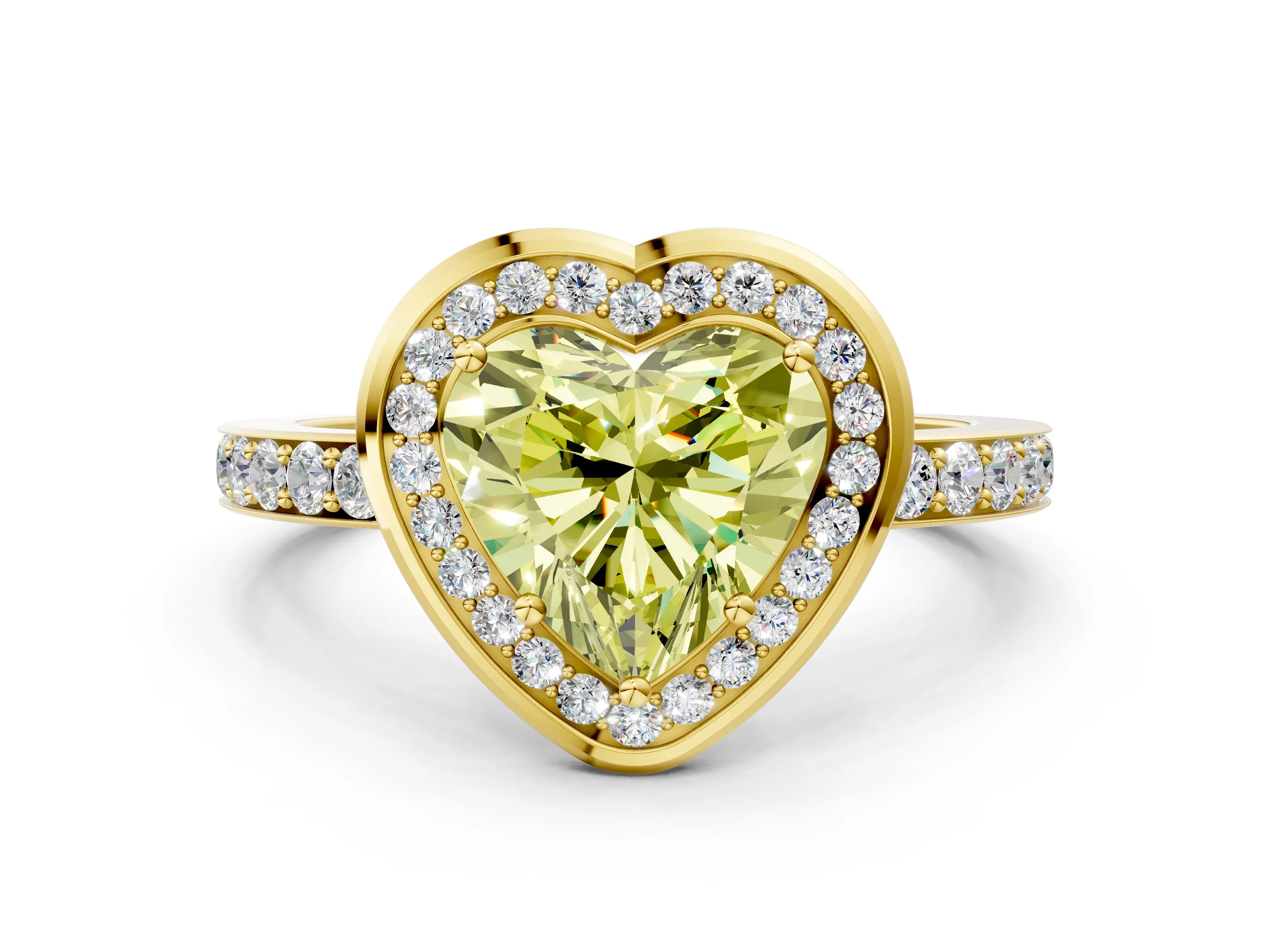Yellow gold Fancy Yellow Heart Cut Diamond Halo Ring with Bezel Frame and Pavé Band