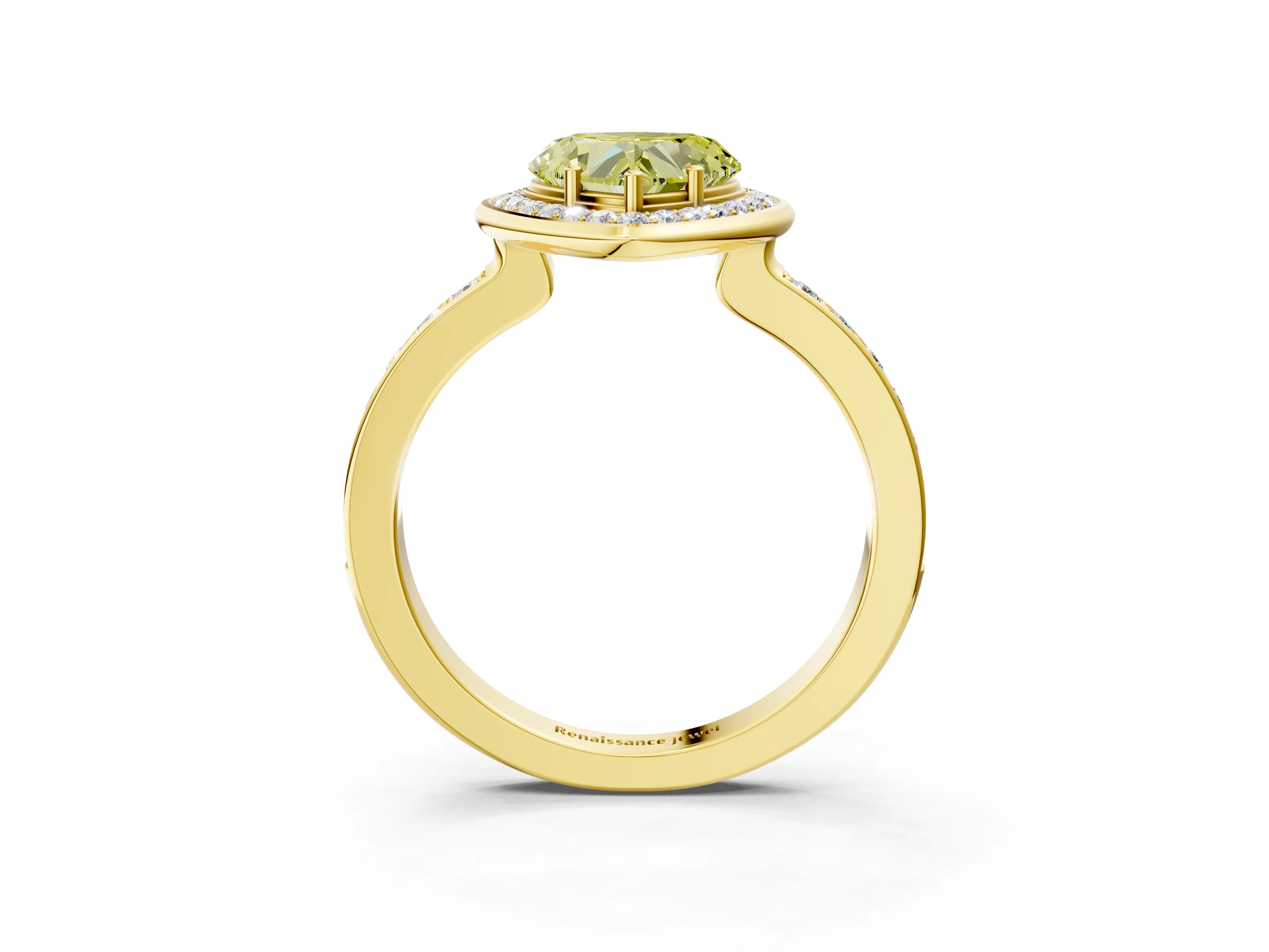 Yellow gold Fancy Yellow Heart Cut Diamond Halo Ring with Bezel Frame and Pavé Band_3