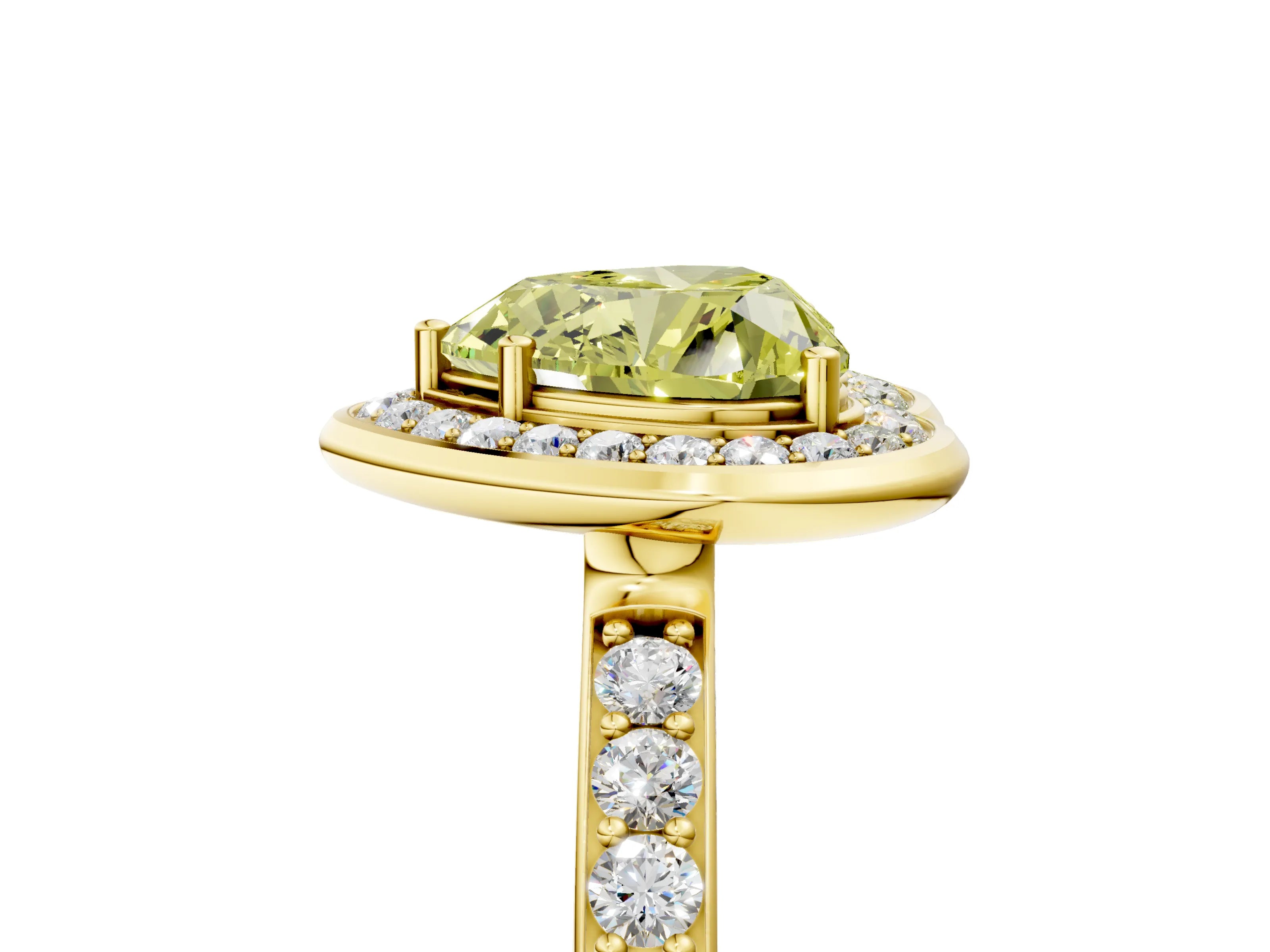 Yellow gold Fancy Yellow Heart Cut Diamond Halo Ring with Bezel Frame and Pavé Band_5