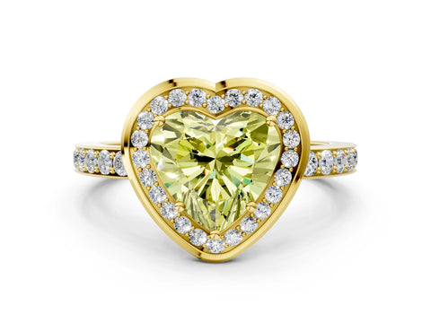 Yellow gold Fancy Yellow Heart Cut Diamond Halo Ring with Bezel Frame and Pavé Band