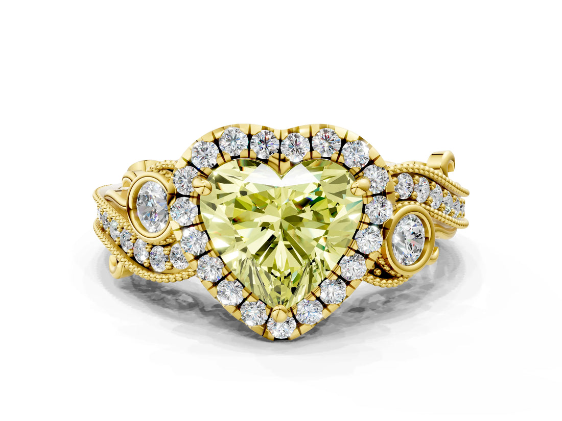 Yellow gold Fancy Yellow Heart Cut Diamond Halo Ring with Milgrain Pavé Band and Four-Prong Setting_52