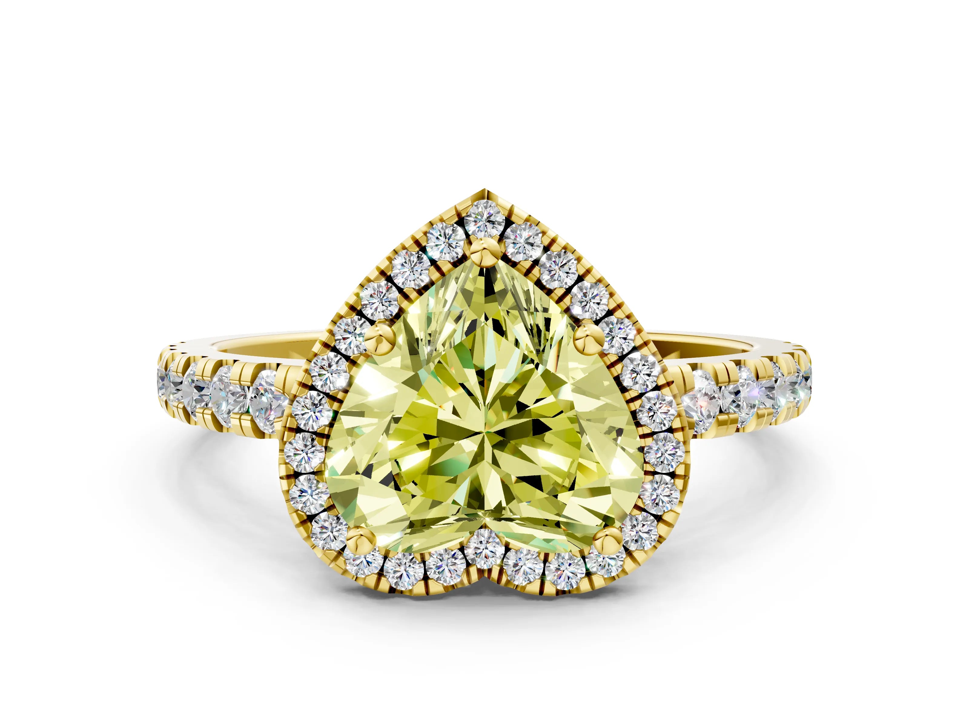 Yellow gold Fancy Yellow Heart Cut Diamond Halo Ring with Pavé Band and Four-Prong Setting