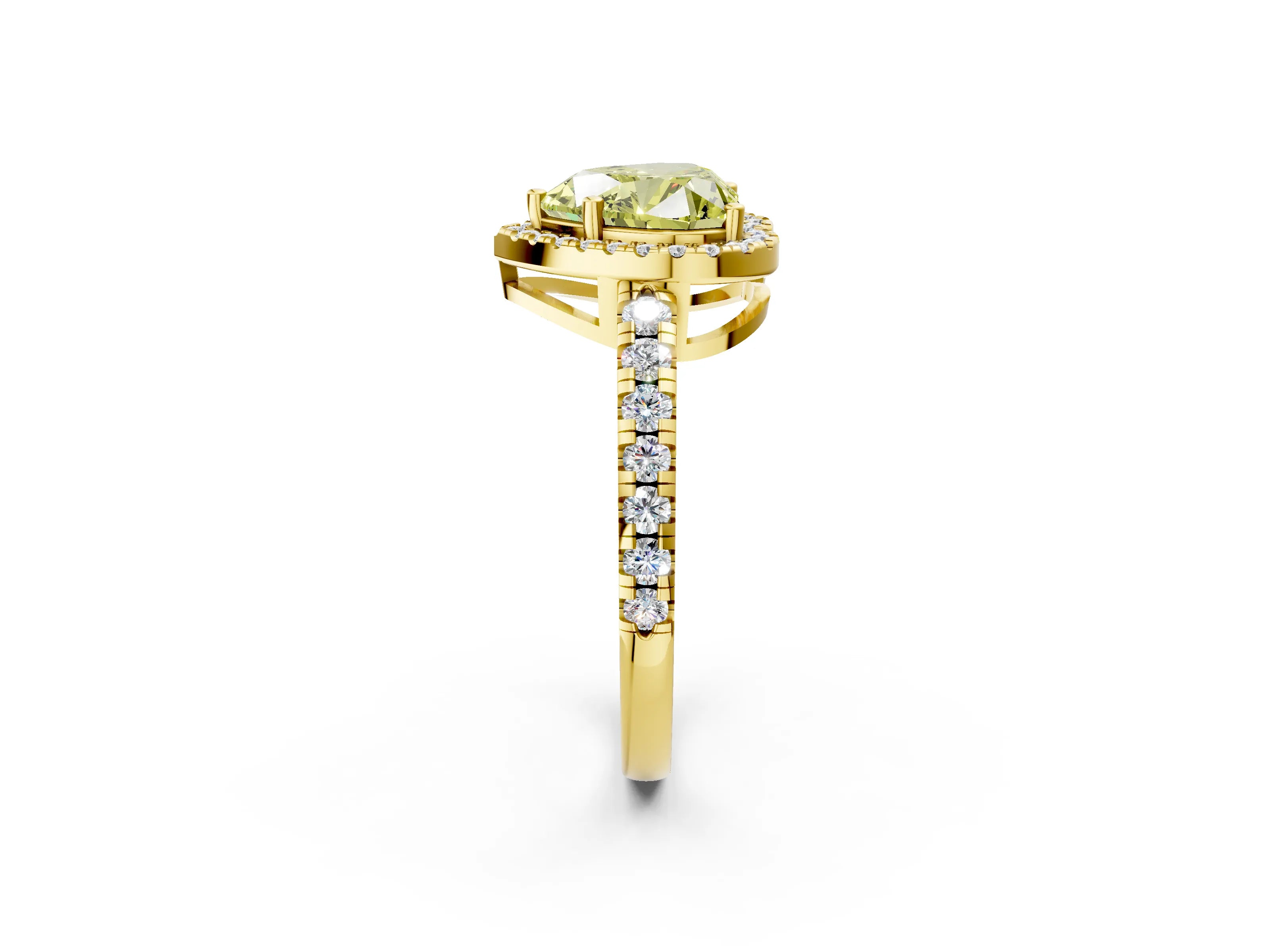 Yellow gold Fancy Yellow Heart Cut Diamond Halo Ring with Pavé Band and Four-Prong Setting_2