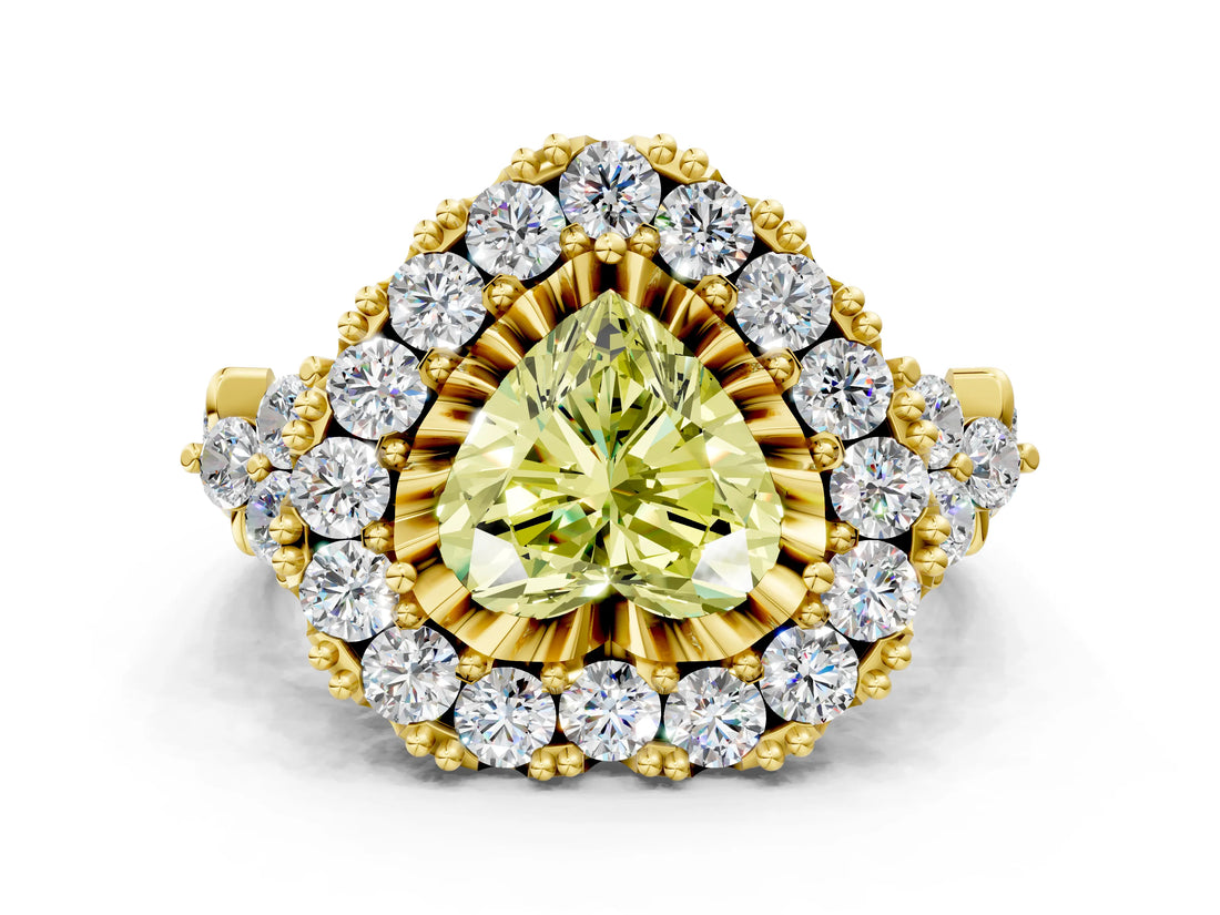 Yellow gold Fancy Yellow Heart Cut Diamond Halo Ring with Pavé Band and Four-Prong Setting_41