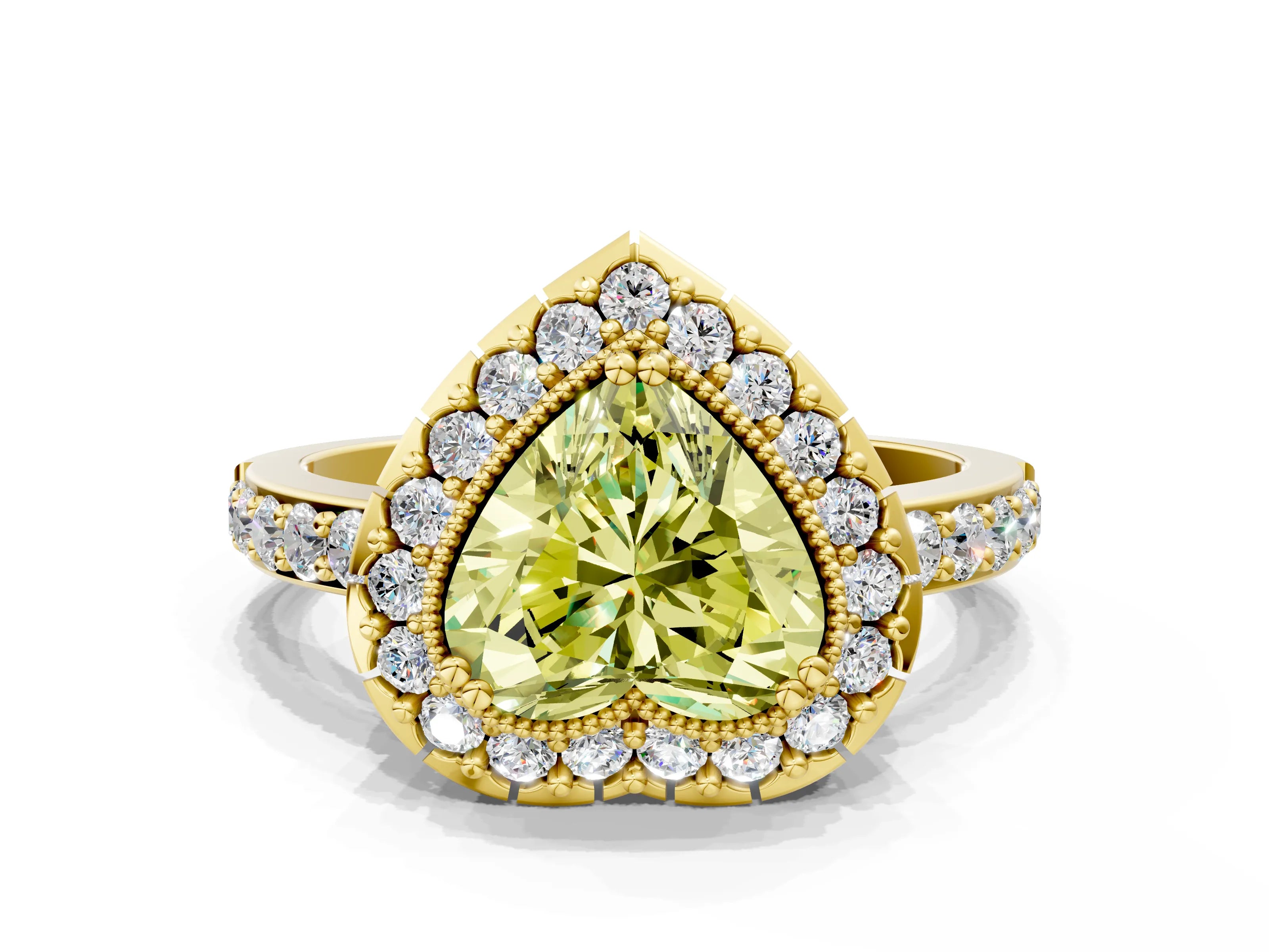 Yellow gold Fancy Yellow Heart Cut Diamond Halo Ring with Pavé Band and Prong Setting