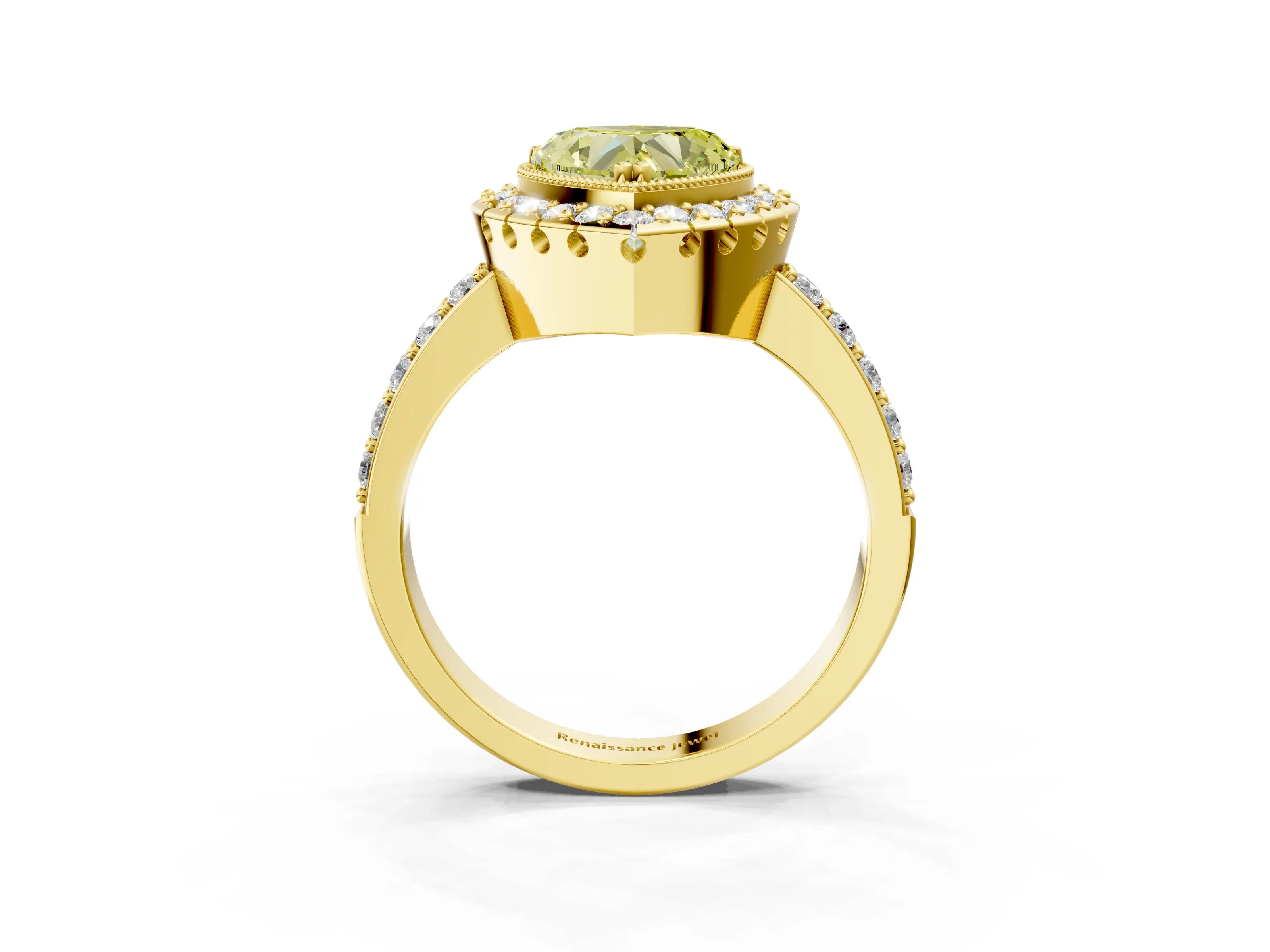 Yellow gold Fancy Yellow Heart Cut Diamond Halo Ring with Pavé Band and Prong Setting_3