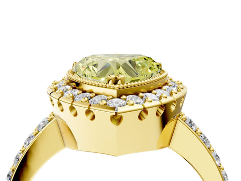 Yellow gold Fancy Yellow Heart Cut Diamond Halo Ring with Pavé Band and Prong Setting_4