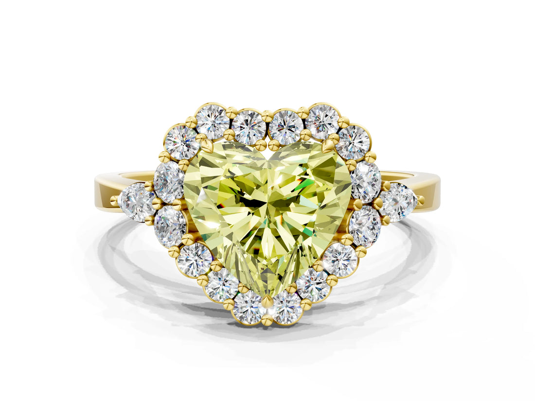 Yellow gold Fancy Yellow Heart Cut Diamond Halo Ring with Pear Side Stones and Prong Setting_70