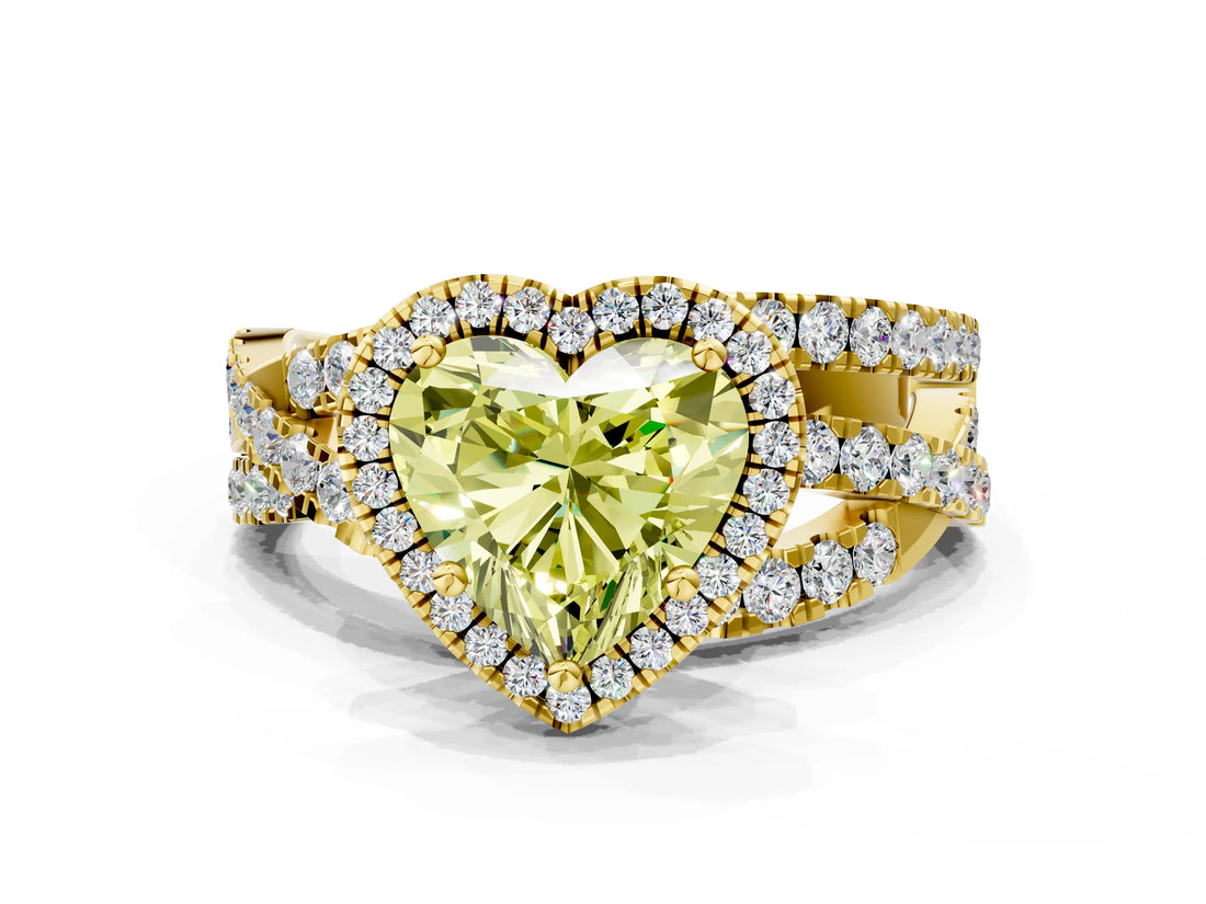 Yellow gold Fancy Yellow Heart Cut Diamond Halo Ring with Round Split Shank and Prong Setting_36