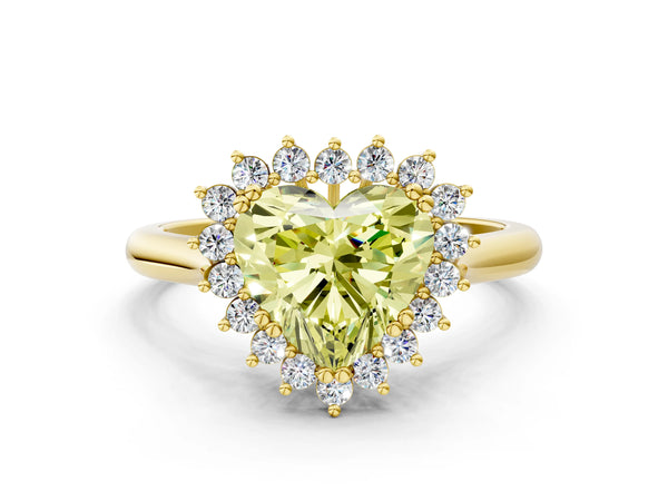 Yellow gold Fancy Yellow Heart  Cut Diamond Halo Ring with Solitaire Band and Prong Setting