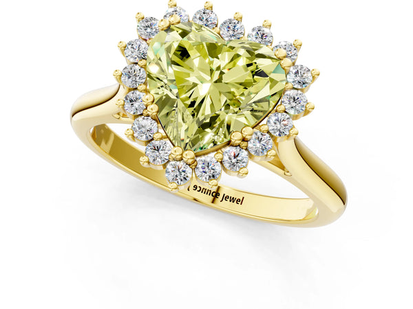 Yellow gold Fancy Yellow Heart  Cut Diamond Halo Ring with Solitaire Band and Prong Setting