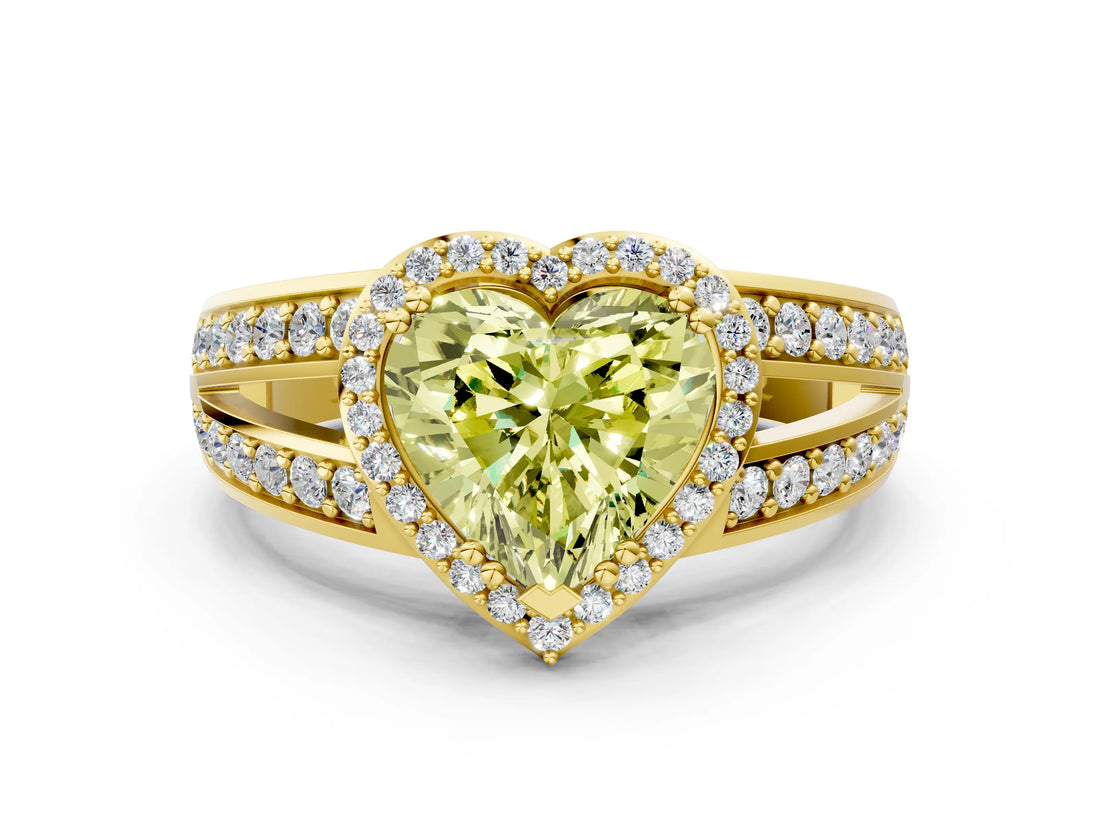 Yellow gold Fancy Yellow Heart Cut Diamond Halo Ring with Split Shank Pavé Band and Four-Prong Setting