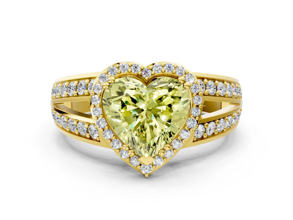 Yellow gold Fancy Yellow Heart Cut Diamond Halo Ring with Split Shank Pavé Band and Four-Prong Setting