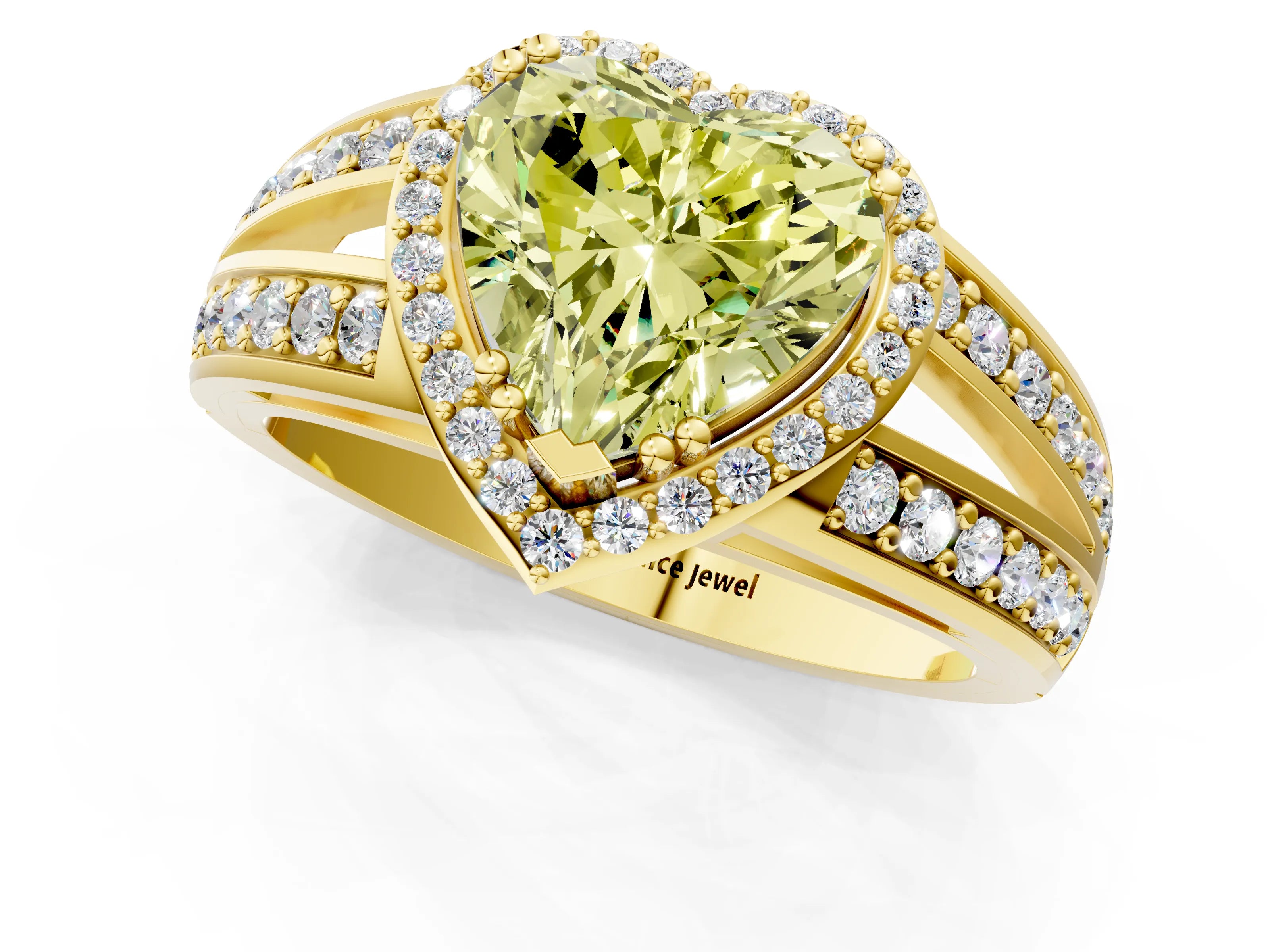 Yellow gold Fancy Yellow Heart Cut Diamond Halo Ring with Split Shank Pavé Band and Four-Prong Setting_1
