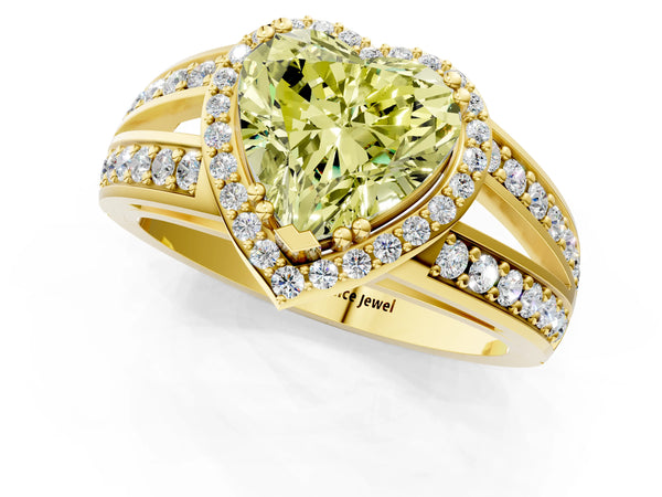 Yellow gold Fancy Yellow Heart Cut Diamond Halo Ring with Split Shank Pavé Band and Four-Prong Setting