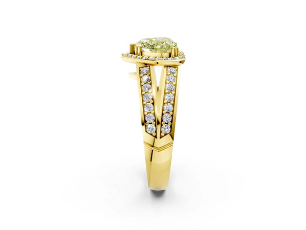Yellow gold Fancy Yellow Heart Cut Diamond Halo Ring with Split Shank Pavé Band and Four-Prong Setting