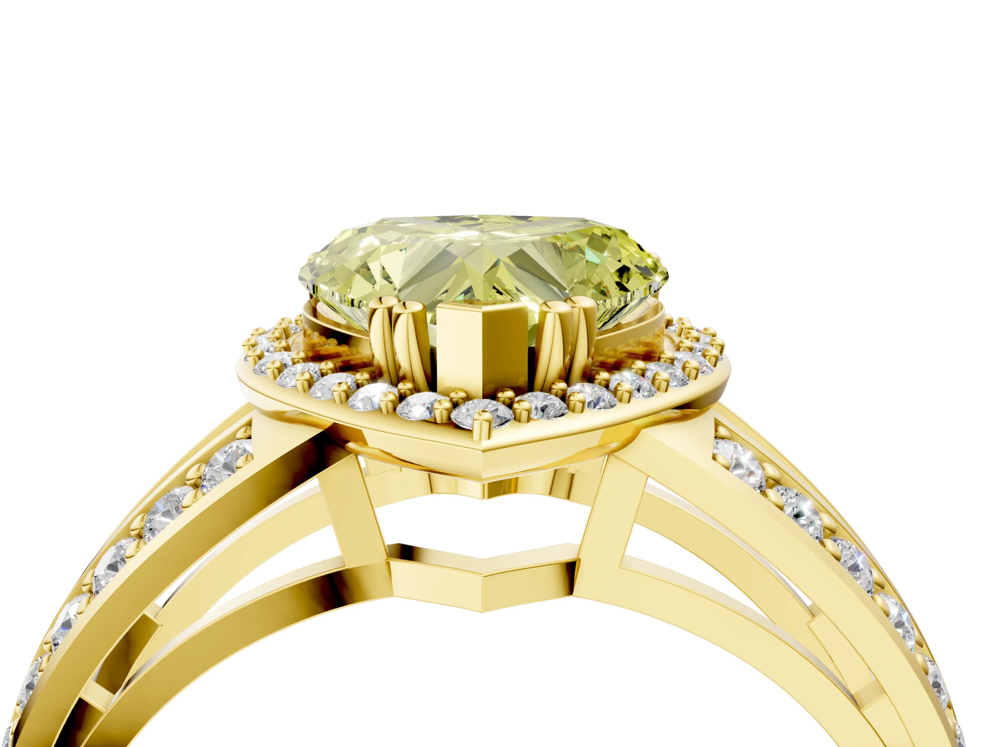 Yellow gold Fancy Yellow Heart Cut Diamond Halo Ring with Split Shank Pavé Band and Four-Prong Setting_4
