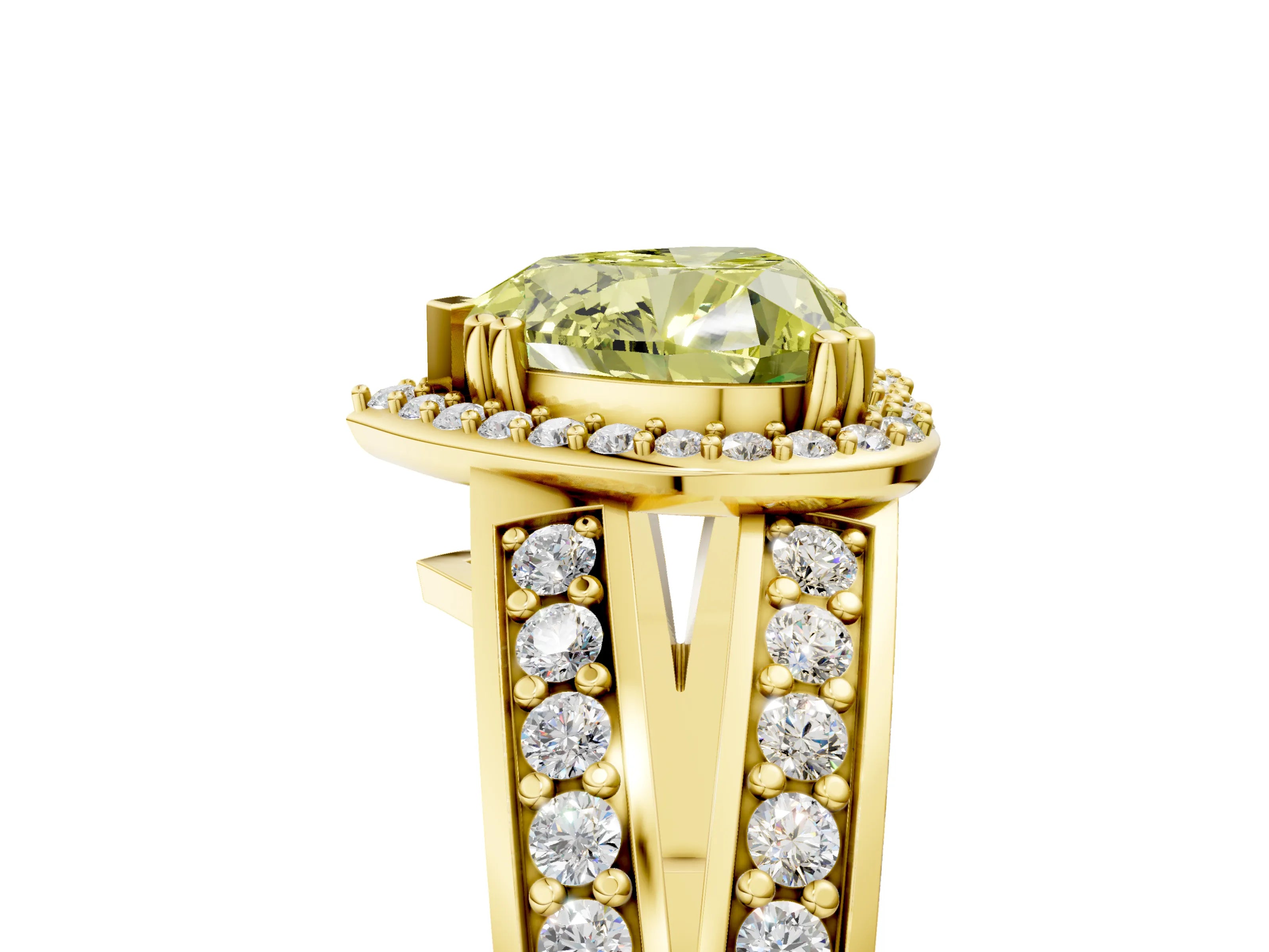 Yellow gold Fancy Yellow Heart Cut Diamond Halo Ring with Split Shank Pavé Band and Four-Prong Setting_5