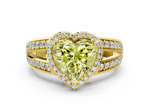 Yellow gold Fancy Yellow Heart Cut Diamond Halo Ring with Split Shank Pavé Band and Four-Prong Setting