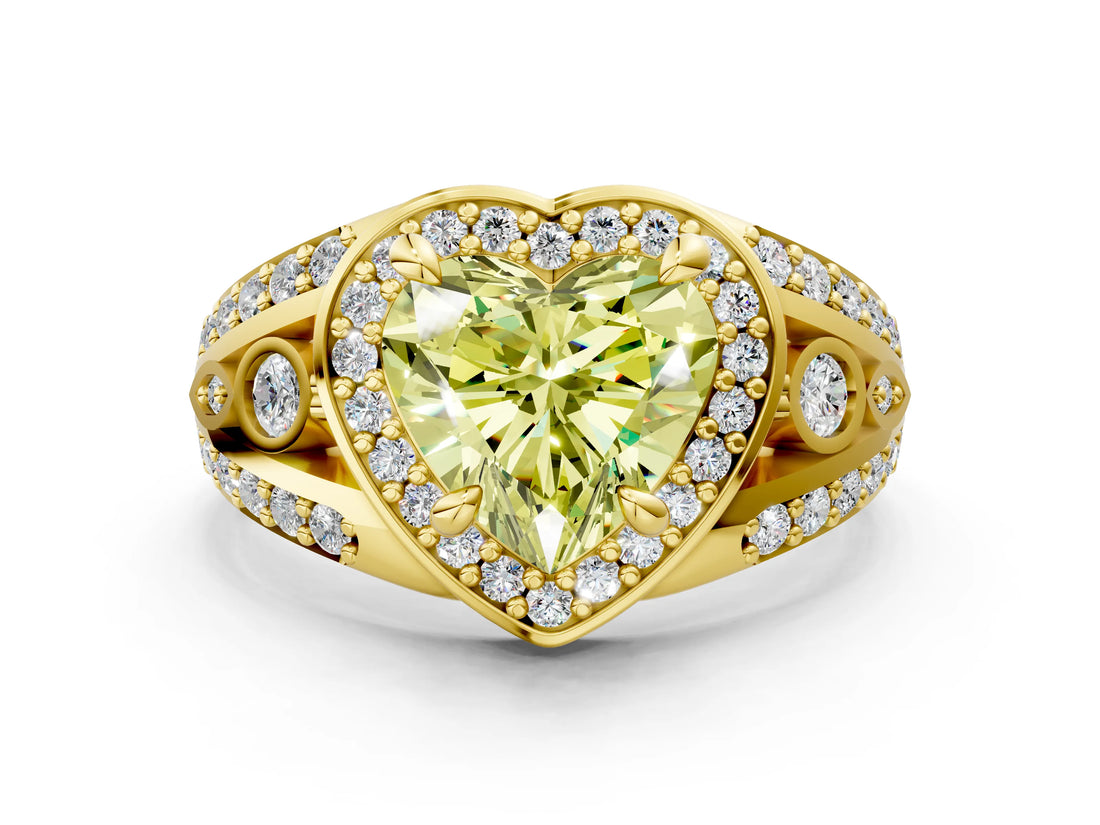 Yellow gold Fancy Yellow Heart Cut Diamond Halo Ring with Split Shank and Bezel Accents and Four-Prong Setting
