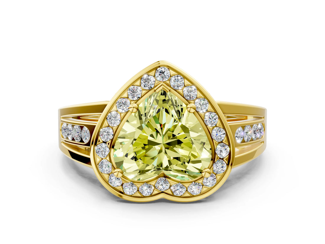 Yellow gold Fancy Yellow Heart Cut Diamond Halo Ring with Split Shank and Bezel Accents and Prong Setting