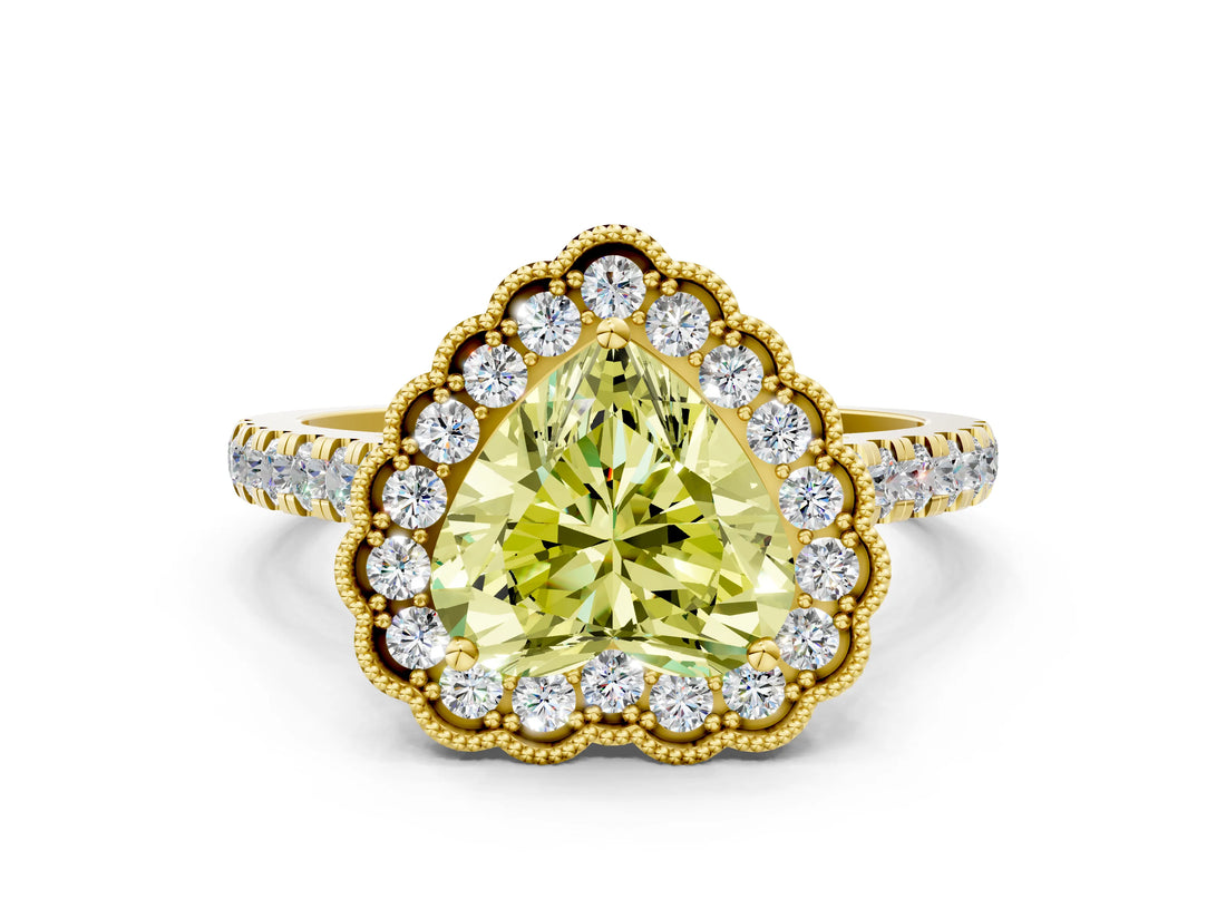 Yellow gold Fancy Yellow Heart  Cut Diamond Milgrain Floral Halo Engagement Ring with Pavé Band_15