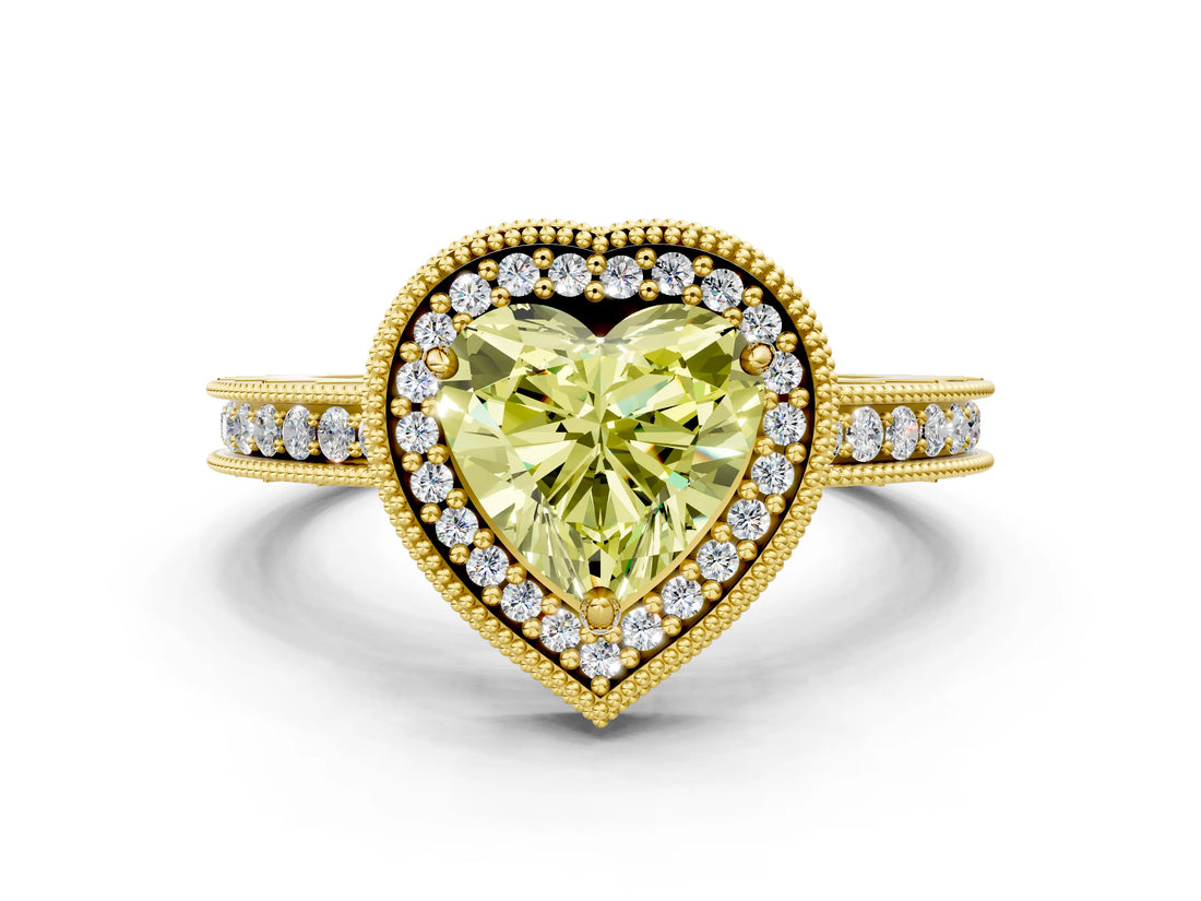 Yellow gold Fancy Yellow Heart Cut Diamond Milgrain Halo Engagement Ring with Round Pavé Band and Prong Setting_24