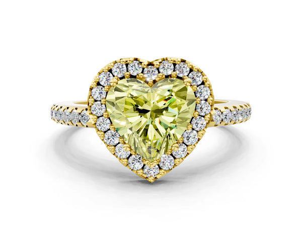 Yellow gold Fancy Yellow Heart Cut Diamond Pavé Halo Ring with Four-Prong Setting
