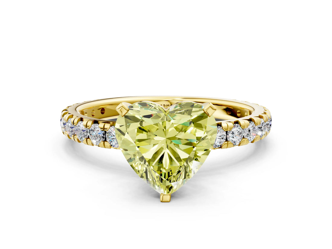Yellow gold Fancy Yellow Heart Cut Diamond Pavé Solitaire Ring with Round Band and Prong Setting_12