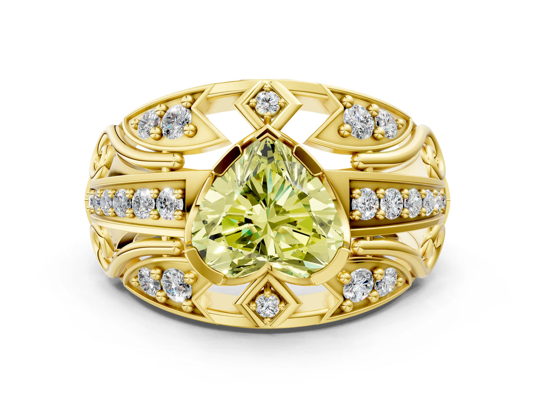 Yellow gold Fancy Yellow Heart Cut Diamond Pave Art Deco Split Shank Ring with Four-Prong Setting