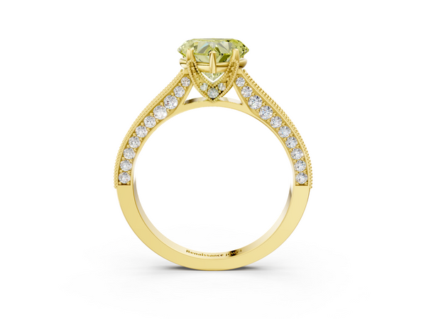 Yellow gold Fancy Yellow Heart  Cut Diamond Solitaire Ring with Milgrain Pave Band and Four Prong Setting