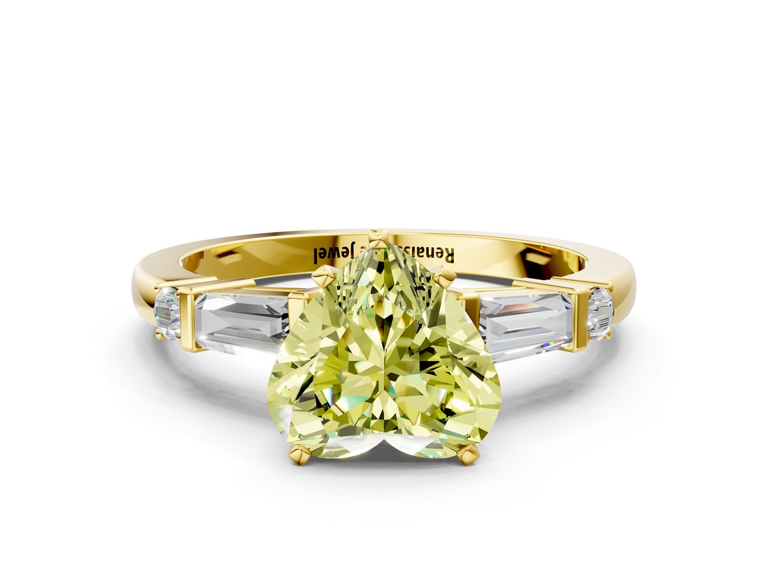 Yellow gold Fancy Yellow Heart  Cut Diamond Ring with Baguette Side Stones, Channel Set Band, and Four-Prong Setting_3