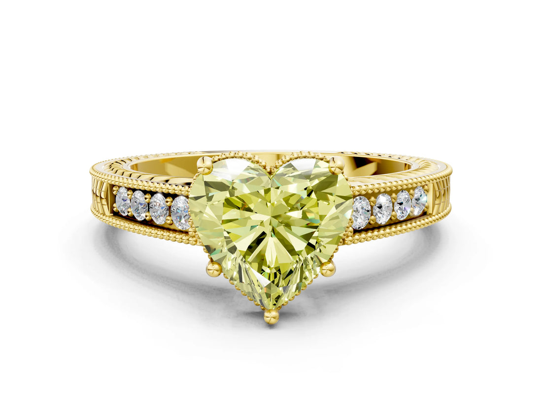 Yellow gold Fancy Yellow Heart Cut Diamond Ring with Milgrain Pavé Band and Four-Prong Setting_20