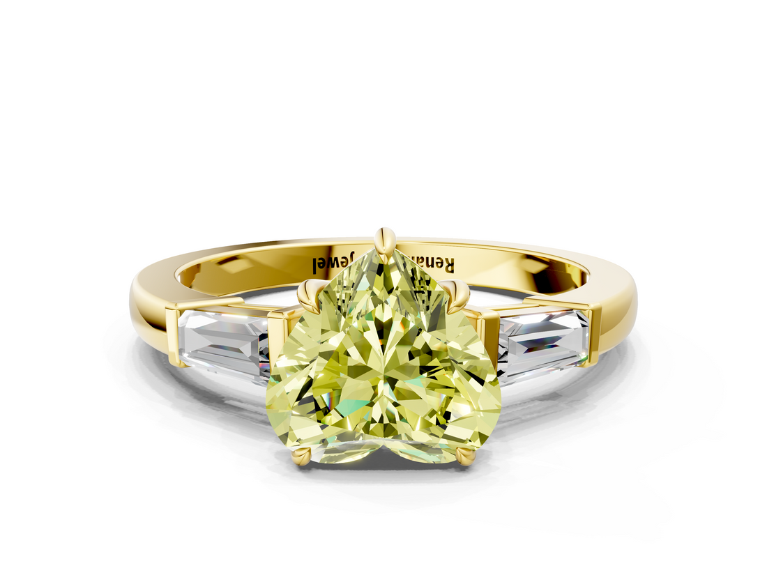 Yellow gold Fancy Yellow Heart  Cut Diamond Ring with Tapered Baguette Side Stones in Four-Prong Setting_3