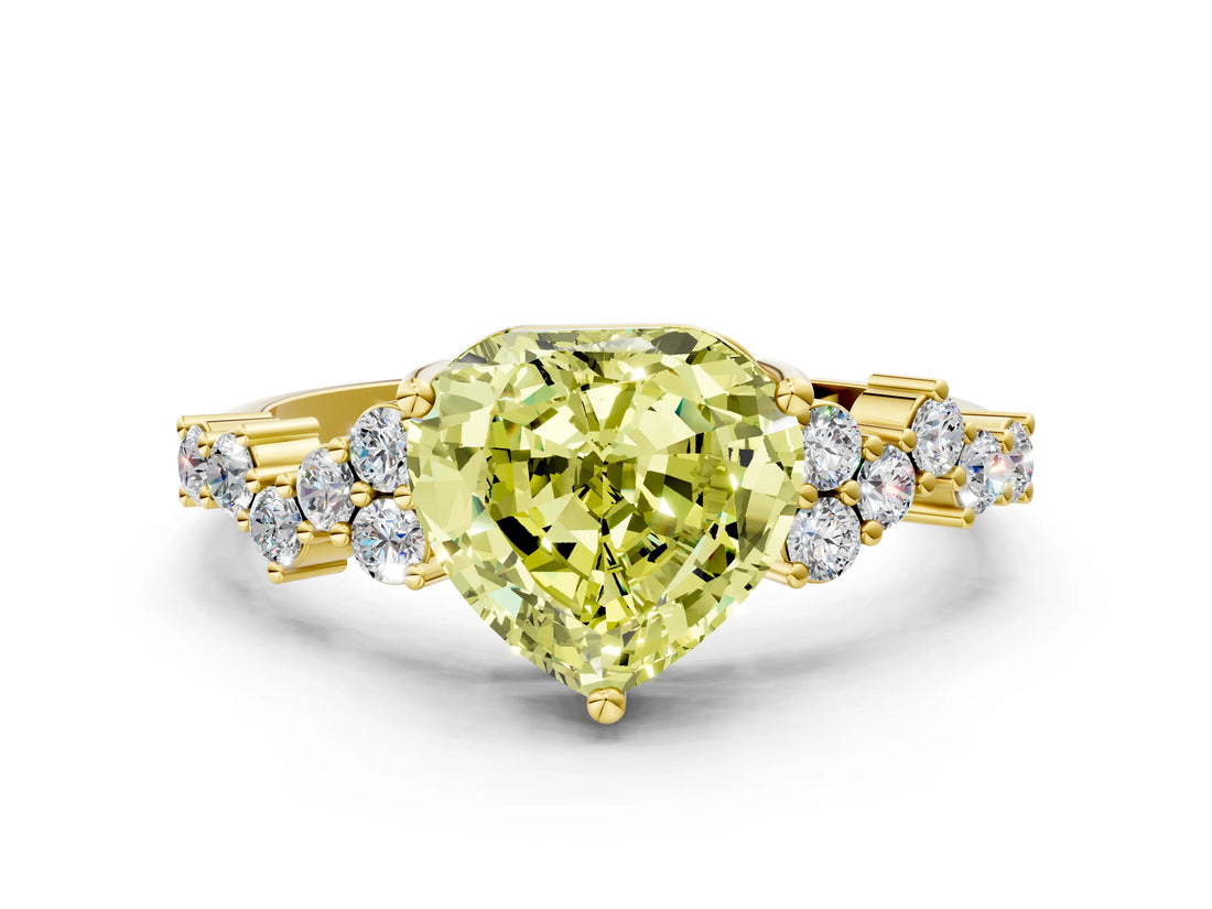 Yellow gold Fancy Yellow Heart Cut Diamond Scattered Round Accent Ring with Prong Setting_12