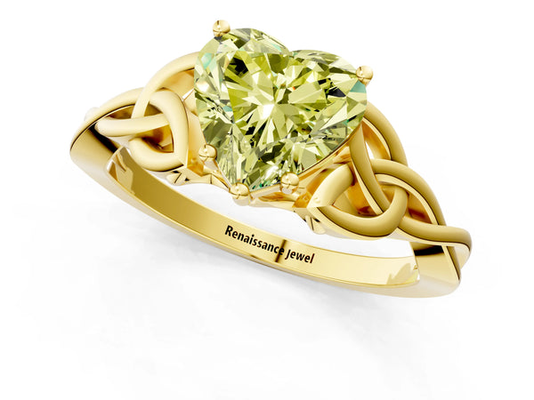Yellow gold Fancy Yellow Heart Cut Diamond Solitaire Celtic Knot Ring with Four-Prong Setting