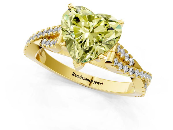 Yellow gold Fancy Yellow Heart Cut Diamond Solitaire Engagement Ring with Twisted Pavé Band and Four-Prong Setting