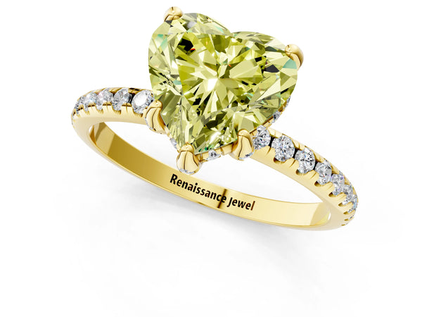 Yellow gold Fancy Yellow Heart Cut Diamond Solitaire Ring with Four-Prong Setting and Pavé Band