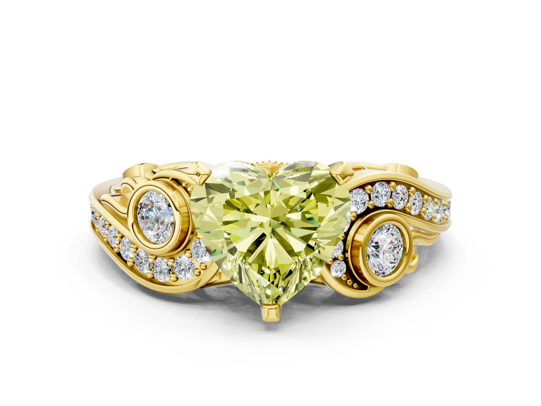 Yellow gold Fancy Yellow Heart Cut Diamond Solitaire Ring with Milgrain Pavé Band and Four-Prong Setting_183